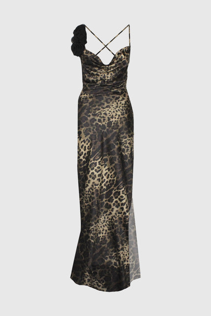 Leopard print maxi dress with one-shoulder strap and floral detail, women's fashion
