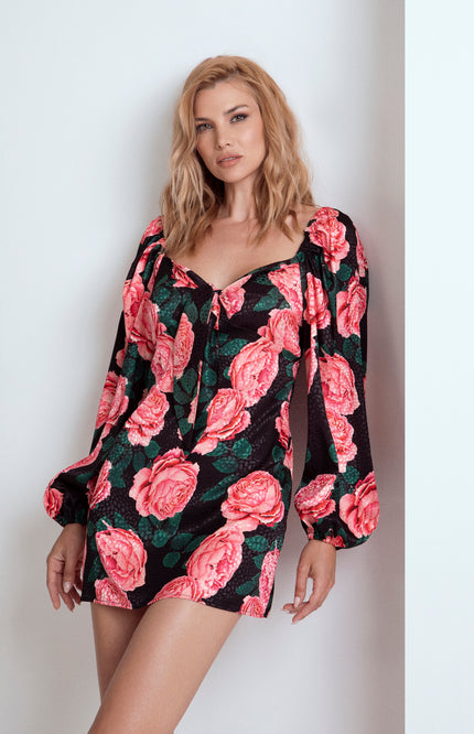 Vestito corto fiorato in poliestere made in Italy con nodo sul davanti.