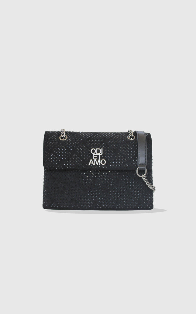 Black quilted shoulder bag with silver studs and chain strap on white background