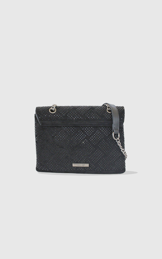 Black studded shoulder bag with chain strap and textured pattern on plain background