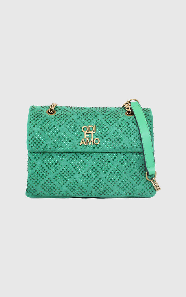 Green quilted handbag with gold logo, chain strap, and studded details