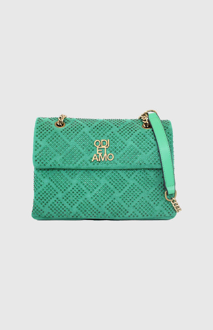 Green quilted handbag with gold logo, chain strap, and studded details