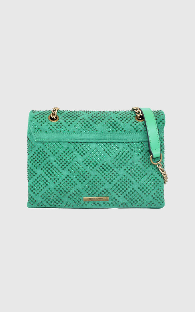 Green studded shoulder bag with gold chain strap and textured diamond pattern
