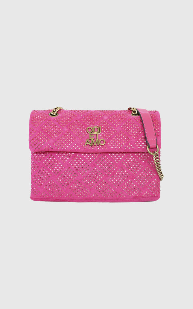 Pink quilted handbag with gold studs, gold chain strap, and metal logo detail