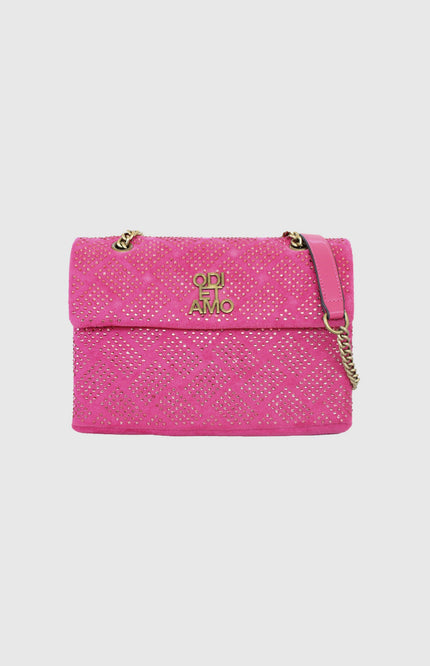 Pink quilted handbag with gold studs, gold chain strap, and metal logo detail