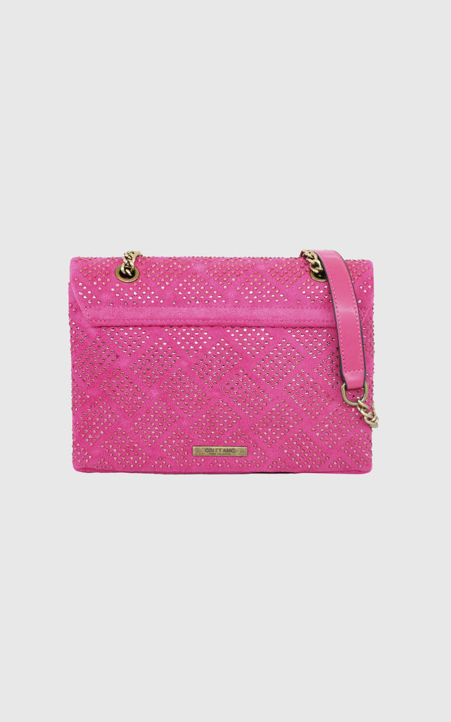 Pink suede shoulder bag with gold chain strap, studded pattern, and front zip pocket