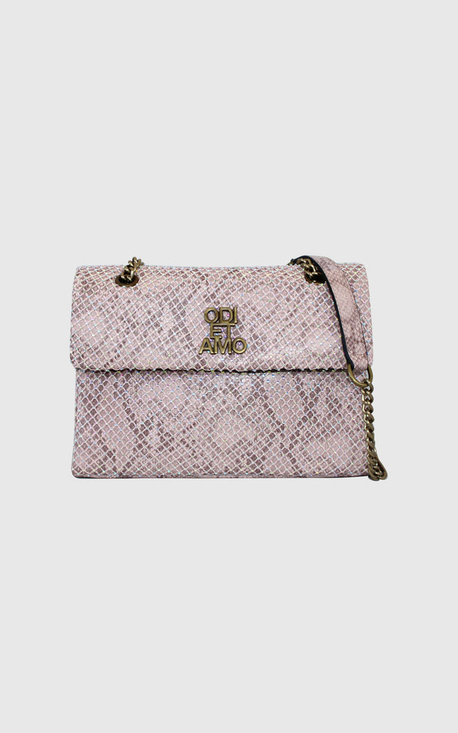 Pink snakeskin pattern shoulder bag with chain strap and gold ODI ET AMO logo