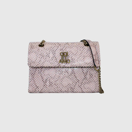 Pink snakeskin pattern shoulder bag with chain strap and gold ODI ET AMO logo
