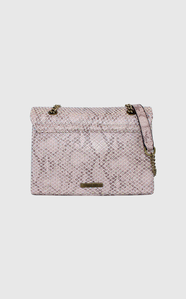 Pink snakeskin pattern shoulder bag with gold chain strap on white background