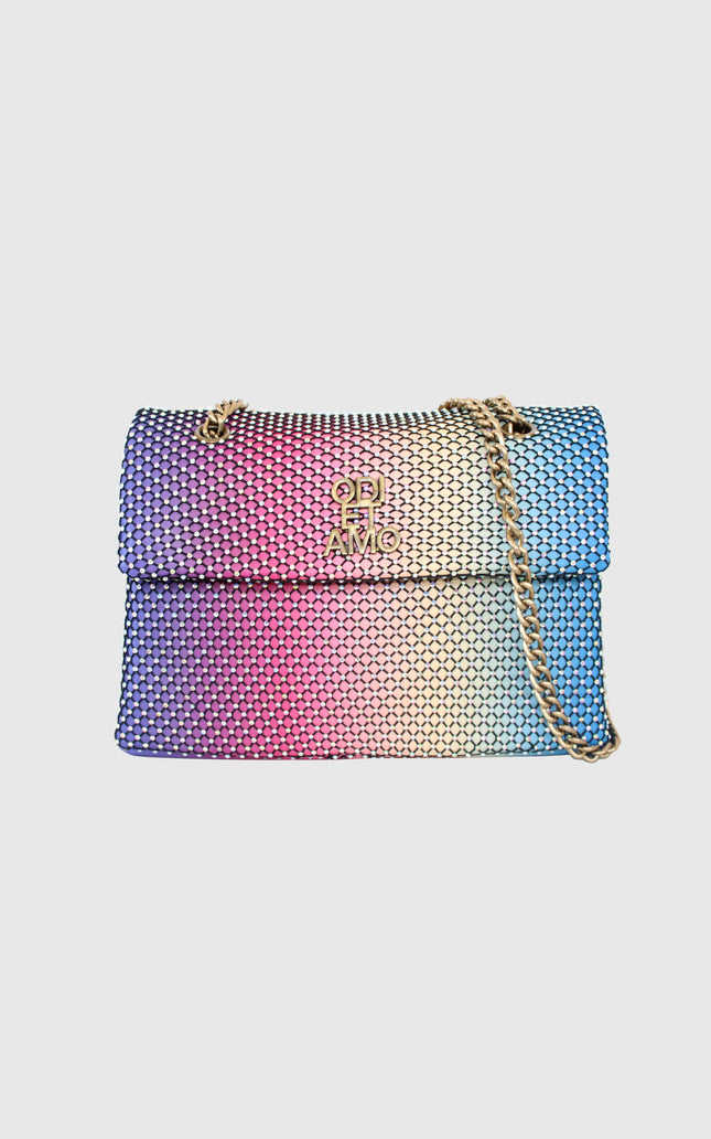 Colorful gradient crystal mesh handbag with gold chain strap and logo on white background