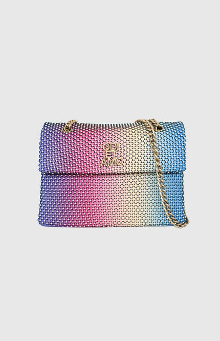 Colorful gradient crystal mesh handbag with gold chain strap and logo on white background