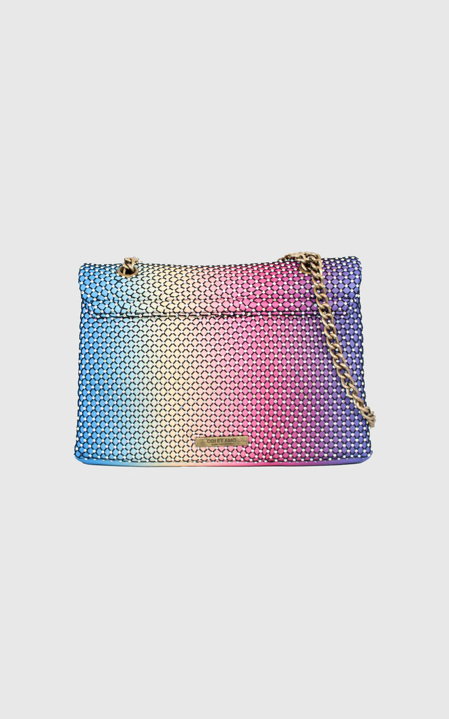 Iridescent mesh chain shoulder bag with rainbow gradient and metallic detail