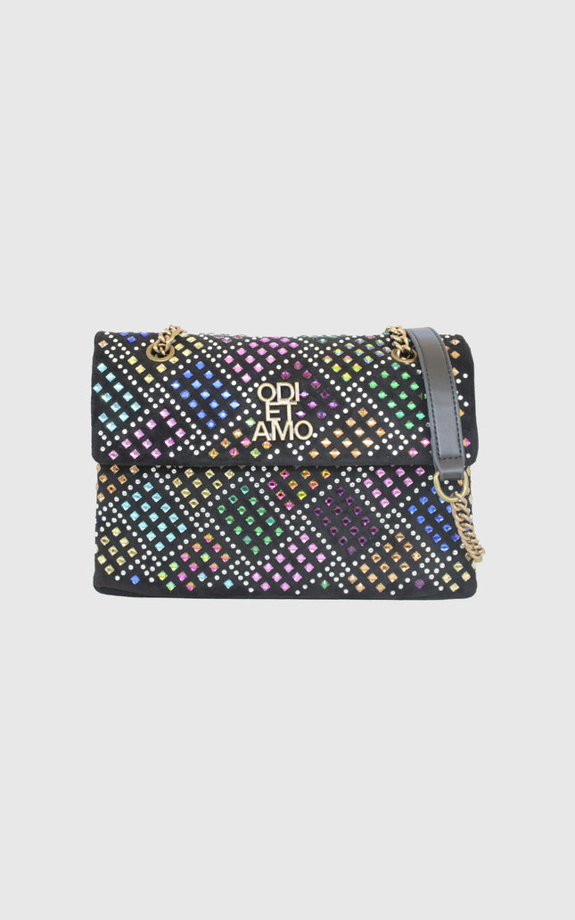 Black shoulder bag with colorful square studs, gold chain strap, and geometric pattern
