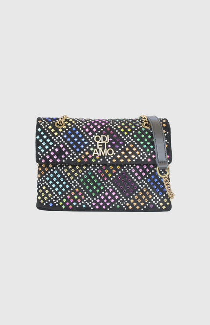 Black shoulder bag with colorful square studs, gold chain strap, and geometric pattern
