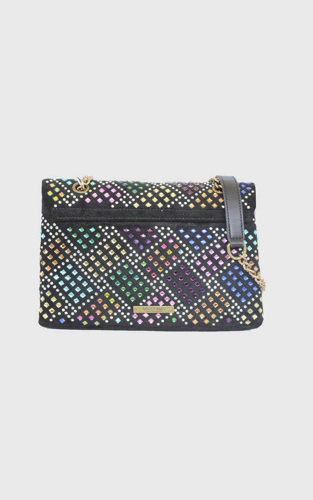 Black shoulder bag with multicolored diamond studs and gold chain strap on white background
