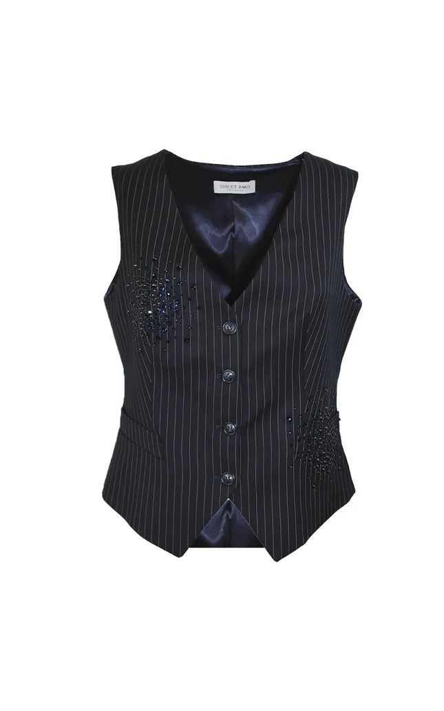 Pinstriped black women’s vest with beaded embellishments and button front