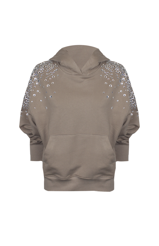 FELPA CON CAPPUCCIO E APPLICAZIONI STRASS SULLE SPALLE