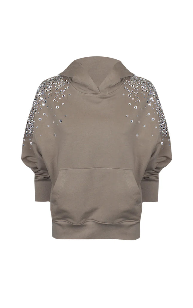 Taupe hoodie with crystal embellishments on shoulders and sleeves, women's fashion