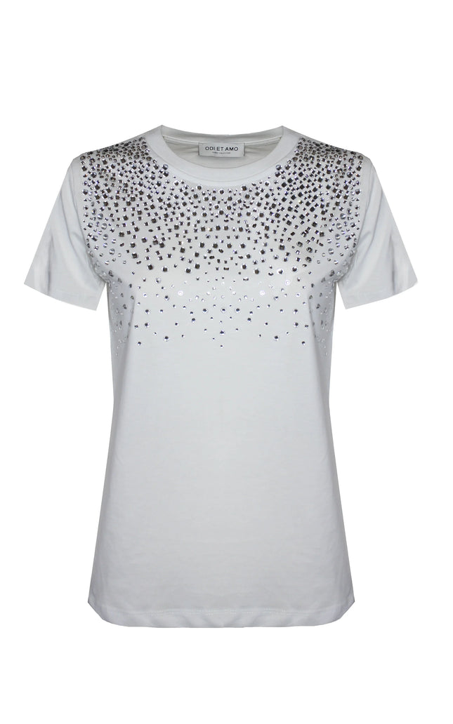 White women's t-shirt with silver rhinestone embellishments on front, short sleeves