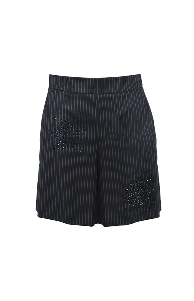 PINSTRIPE BERMUDA SHORTS WITH RHINESTONE APPLICATION