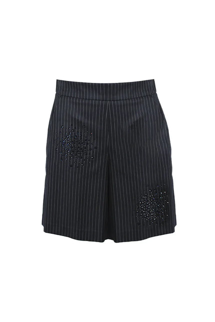 PINSTRIPE BERMUDA SHORTS WITH RHINESTONE APPLICATION