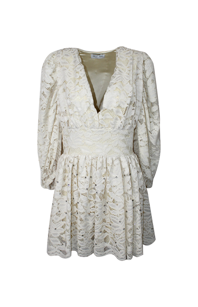 ABITO ICONIC SCOLLO A V IN PIZZO E VELLUTO CON CRISTALLI RICAMATI