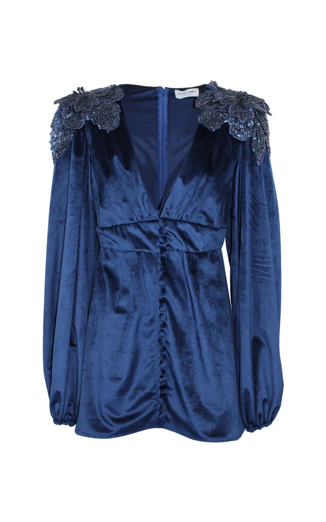 Blue velvet women's blouse with long sleeves, beaded floral shoulder details