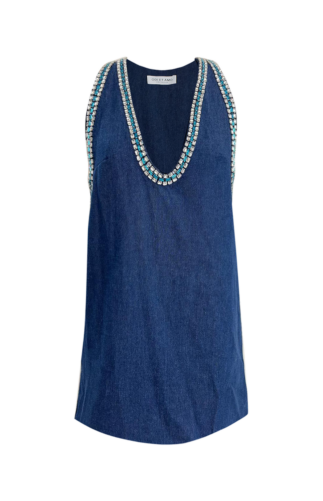 ABITO/SALOPETTE PREZIOSA IN DENIM CON CRISTALLI MULTICOLOR