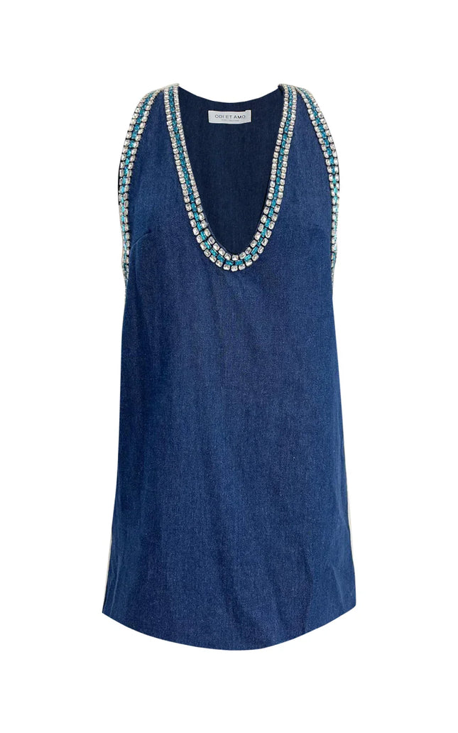Sleeveless denim mini dress with crystal-embellished neckline and armholes, front view