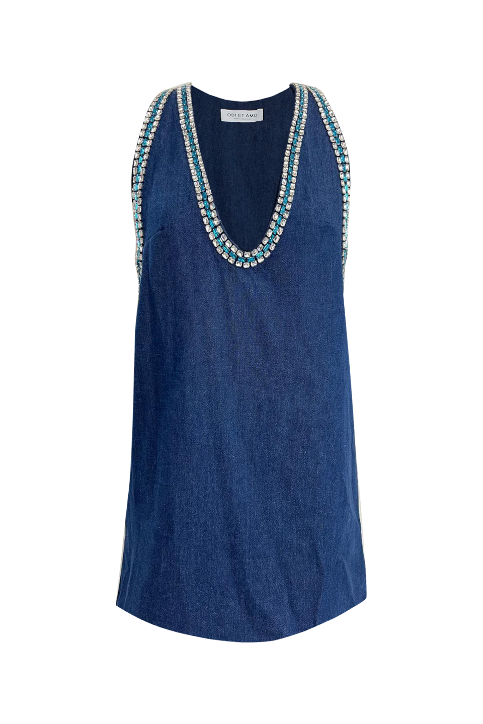 ABITO/SALOPETTE PREZIOSA IN DENIM CON CRISTALLI MULTICOLOR