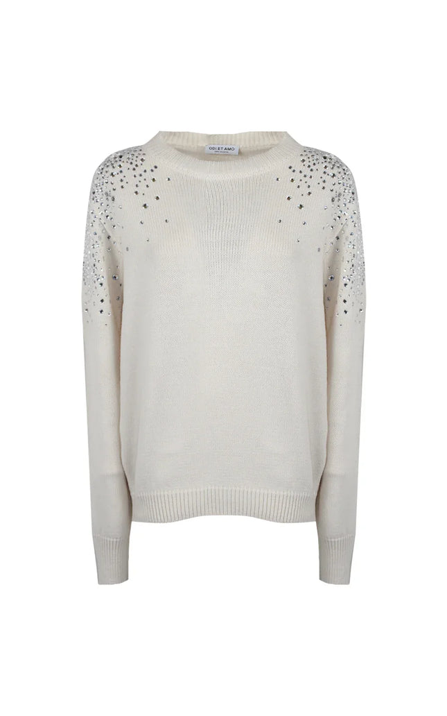 Ivory women's sweater with rhinestone embellishments on shoulders and sleeves
