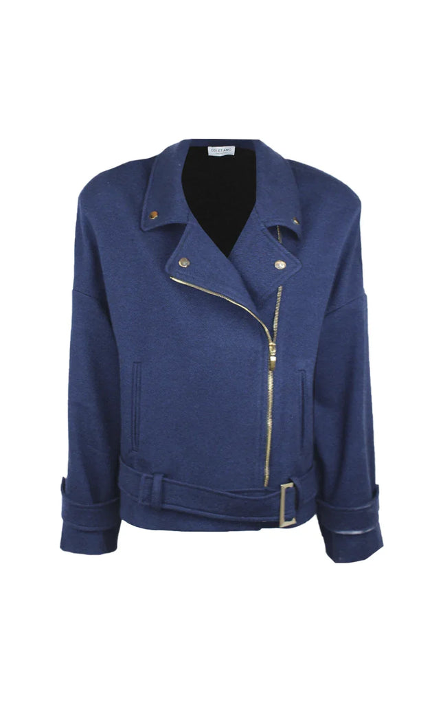 Women's blue biker jacket with gold zipper and belt, modern Italian fashion