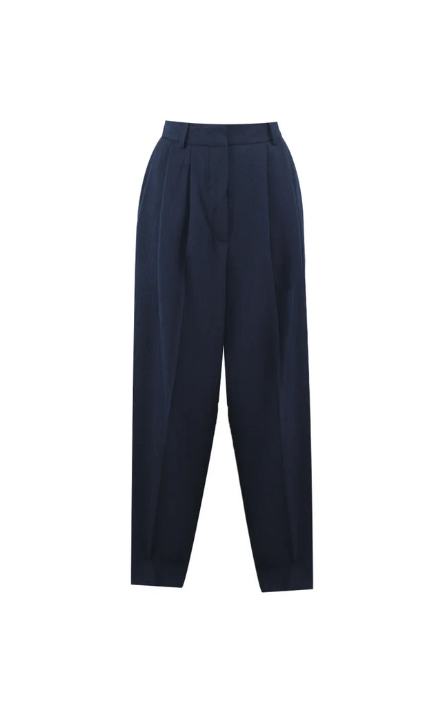 High-waisted navy blue wide-leg women's trousers with pleats on white background