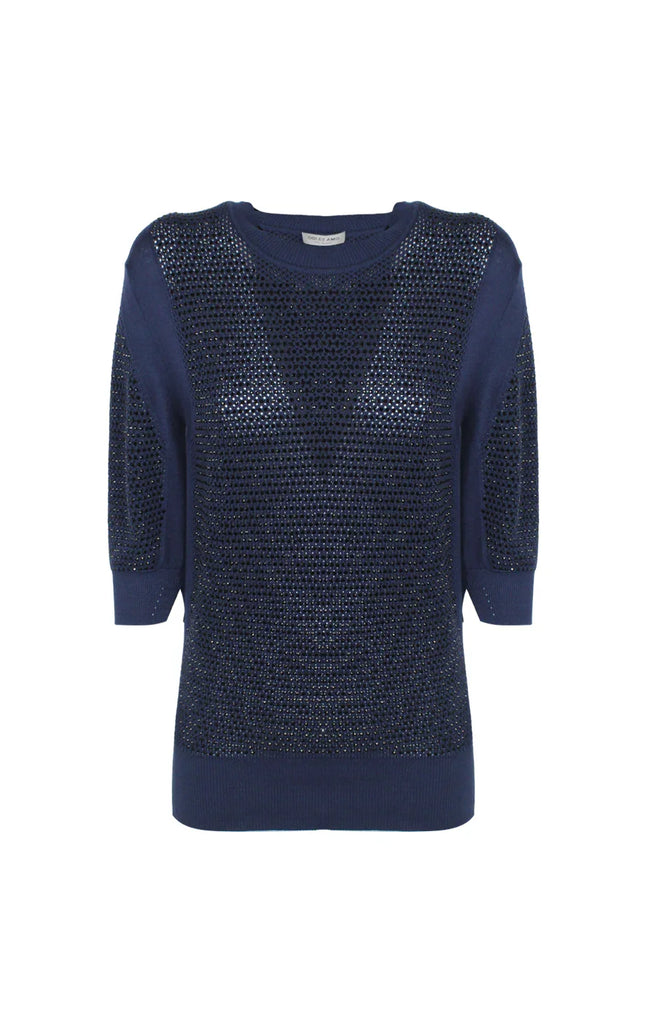 Navy blue women’s knit top with short sleeves and sparkling rhinestone details