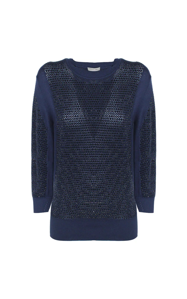 Women's navy blue sweater with rhinestone embellishments and three-quarter sleeves