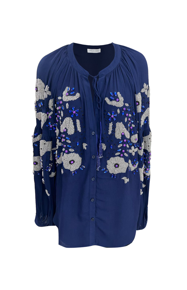 BLUSA RICAMATA A MANO CON CRISTALLI COLORATI E NAPPINE