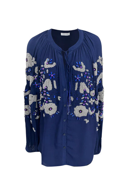 BLUSA RICAMATA A MANO CON CRISTALLI COLORATI E NAPPINE