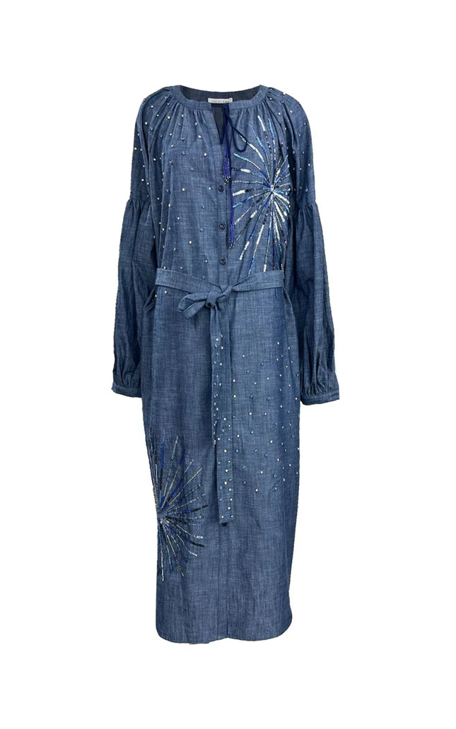 Blue midi dress with long sleeves, belted waist, sequin starburst and pearl embellishments