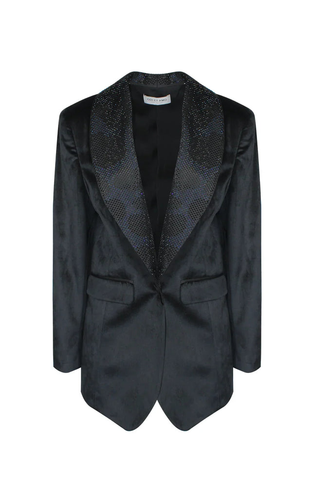Black women's blazer with shimmering lapel and front pockets, Italian fashion