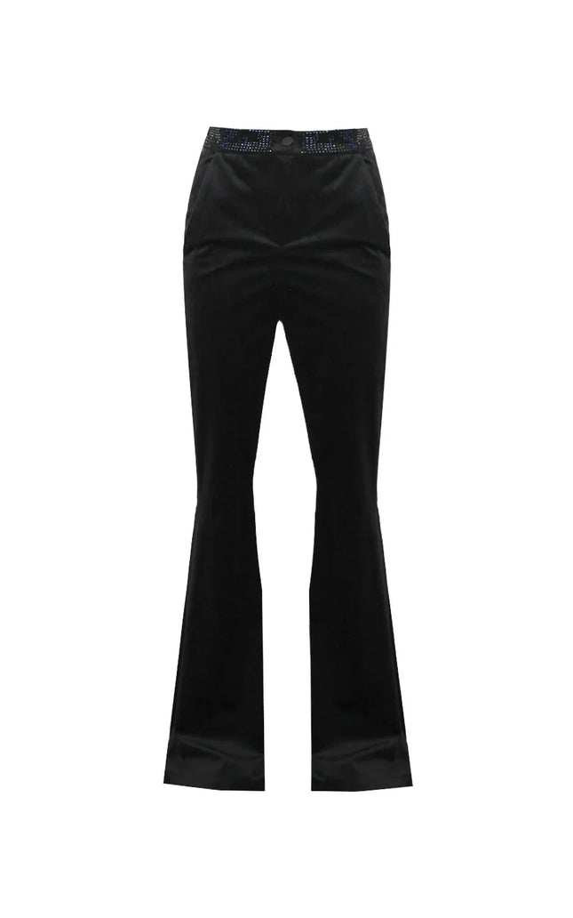Black flared women's trousers with high waist and embellished waistband, fashion clothing