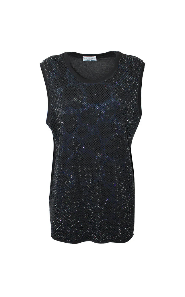 Sleeveless black mesh top with sparkling rhinestones, women's fashion, front view
