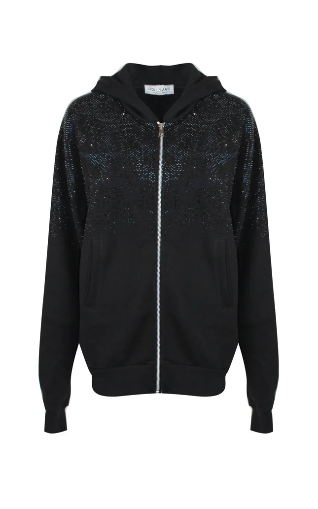 Black women's zip-up hoodie with sparkling sequin details and front pockets