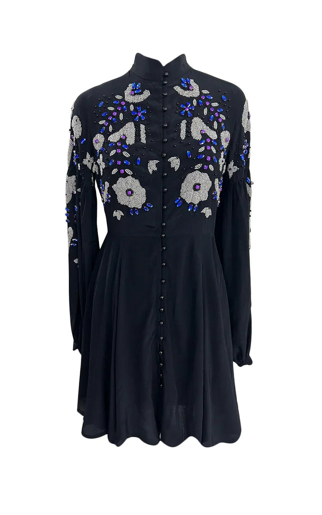 Black long-sleeve mini dress with floral bead embroidery and button-down front