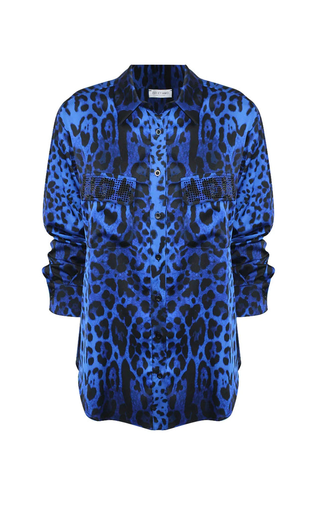 Blue leopard print women’s shirt with sequin embellished front pockets and button closure
