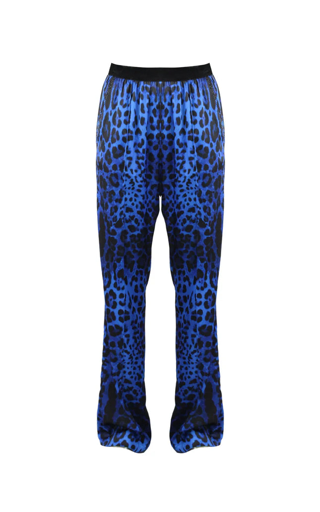 Women's blue leopard print wide-leg pants with black elastic waistband