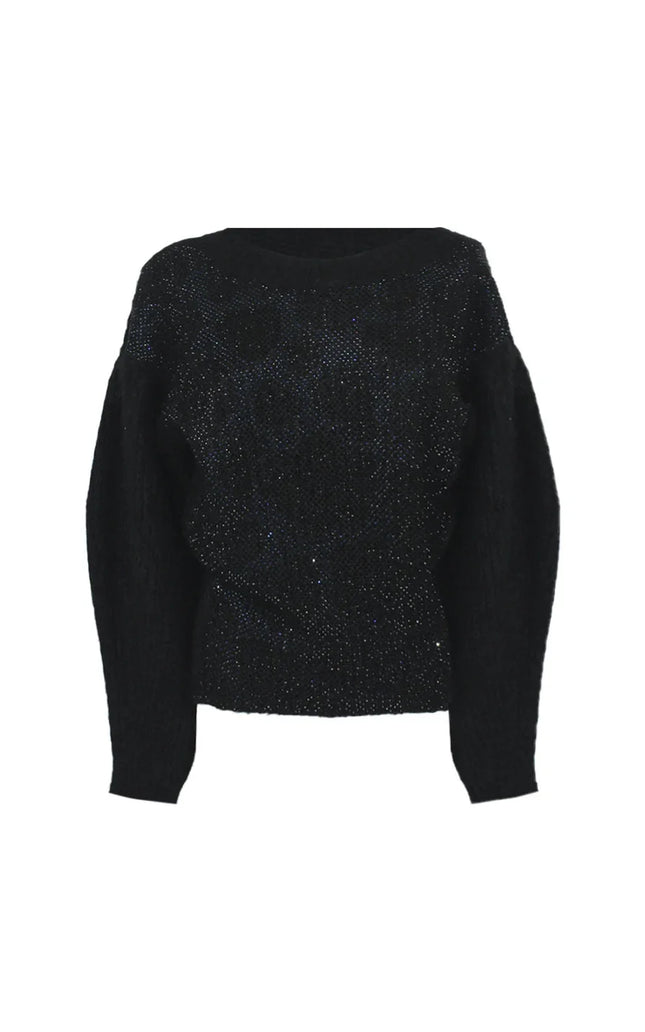 Black women's sweater with subtle sparkle detail, long sleeves, and relaxed fit.