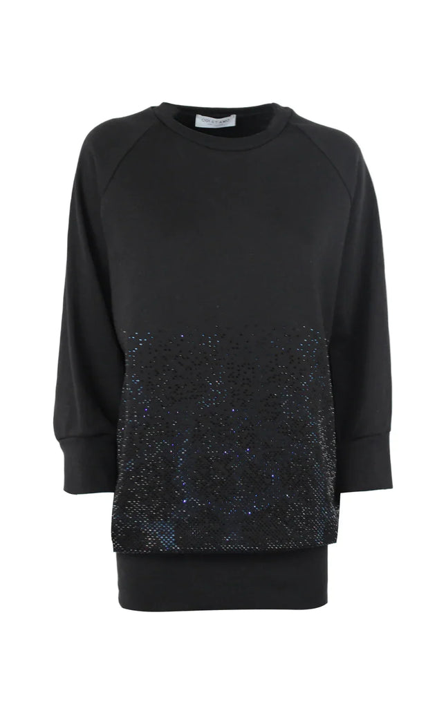 Black long sleeve dress with sequin details on the lower front, women's Italian fashion