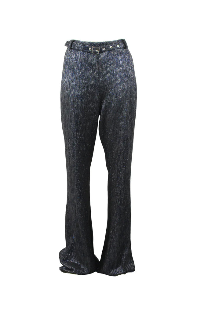 Shimmery black high-waisted women's pants with belt, flared leg, fashion detail