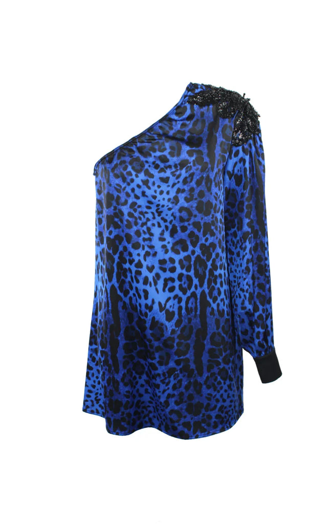 Blue animal print one-shoulder mini dress with long sleeve and sequin shoulder detail