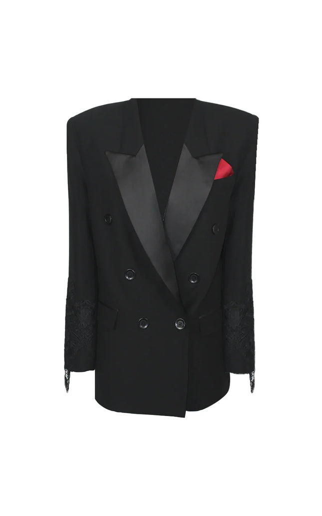 Double-breasted black blazer with satin lapel, lace sleeves and red pocket square